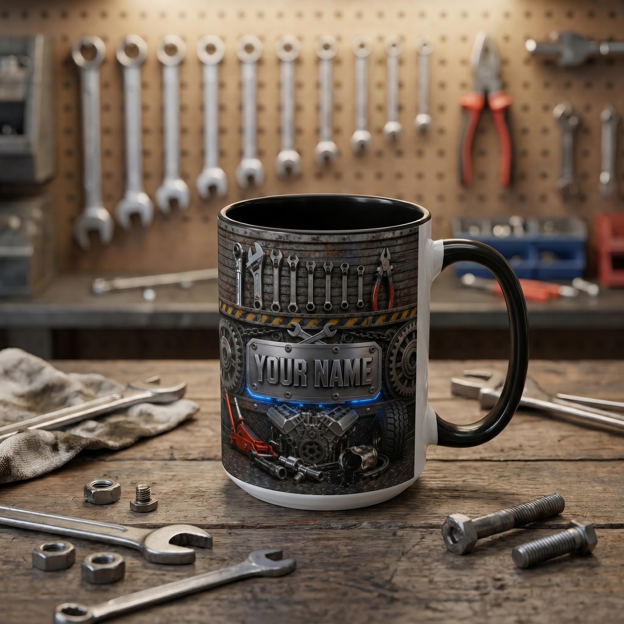 Personalized Custom V8 Engine Mug, Best Auto Mechanic Coffee Mug, 3D Garage Car Tools Mug, Gearhead Enthusiast Mug, Car Builder Dad Gift