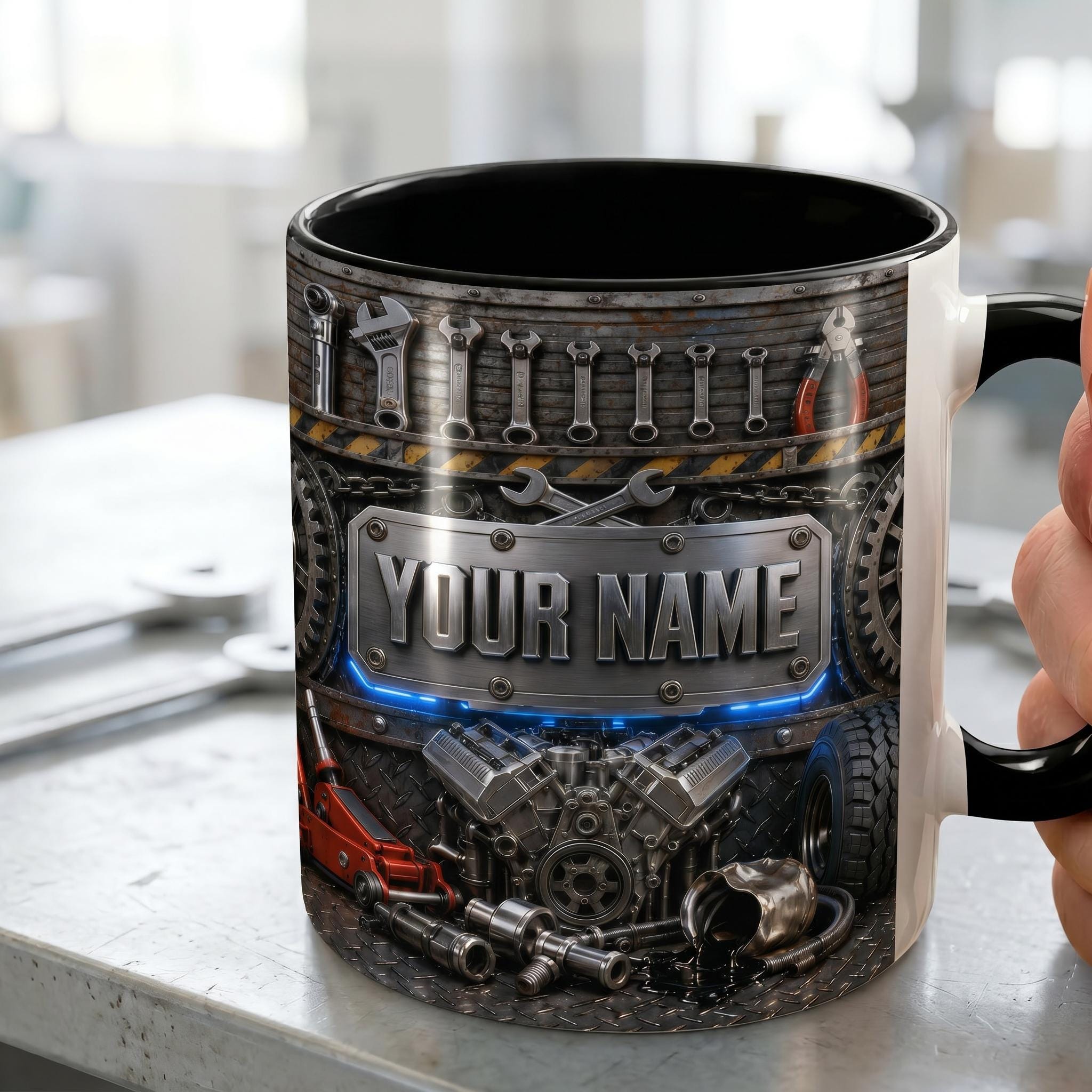 Personalized Custom V8 Engine Mug, Best Auto Mechanic Coffee Mug, 3D Garage Car Tools Mug, Gearhead Enthusiast Mug, Car Builder Dad Gift