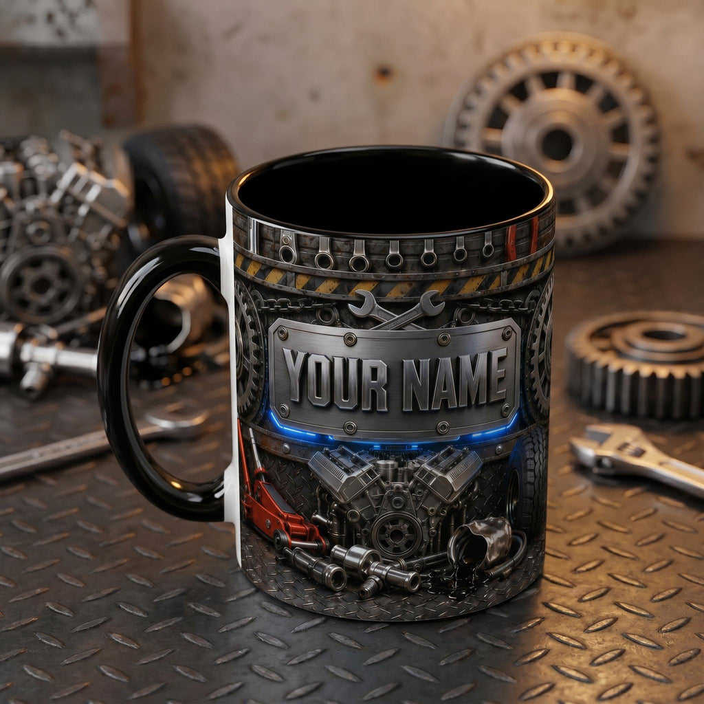 Personalized Custom V8 Engine Mug, Best Auto Mechanic Coffee Mug, 3D Garage Car Tools Mug, Gearhead Enthusiast Mug, Car Builder Dad Gift