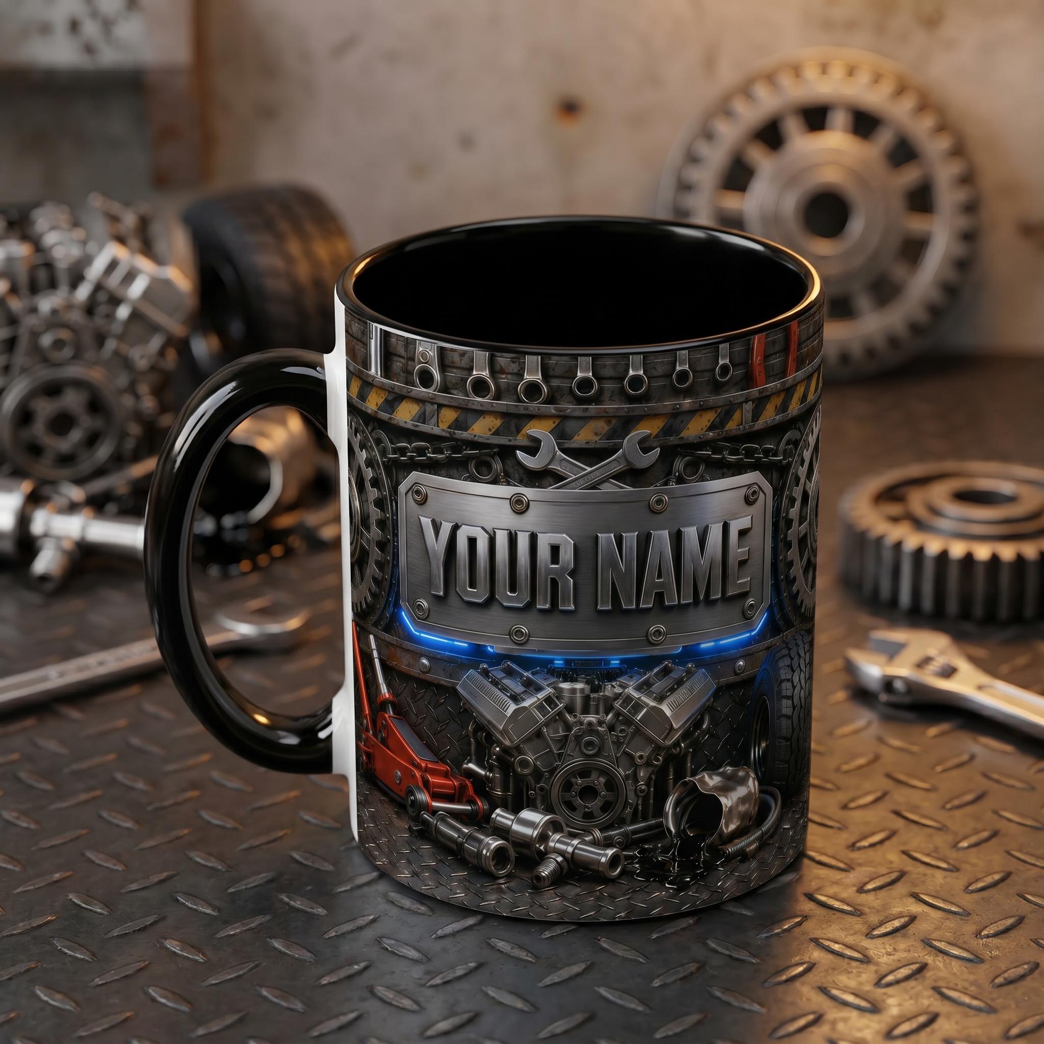 Personalized Custom V8 Engine Mug, Best Auto Mechanic Coffee Mug, 3D Garage Car Tools Mug, Gearhead Enthusiast Mug, Car Builder Dad Gift