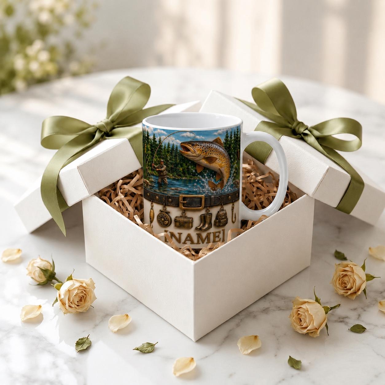 Personalized Fly Fisherman Mug, Jumping Trout River Coffee Mug, Vintage Fishing Charms Mug, Outdoor Nature Angler Mug, Fathers Day Papa Gift