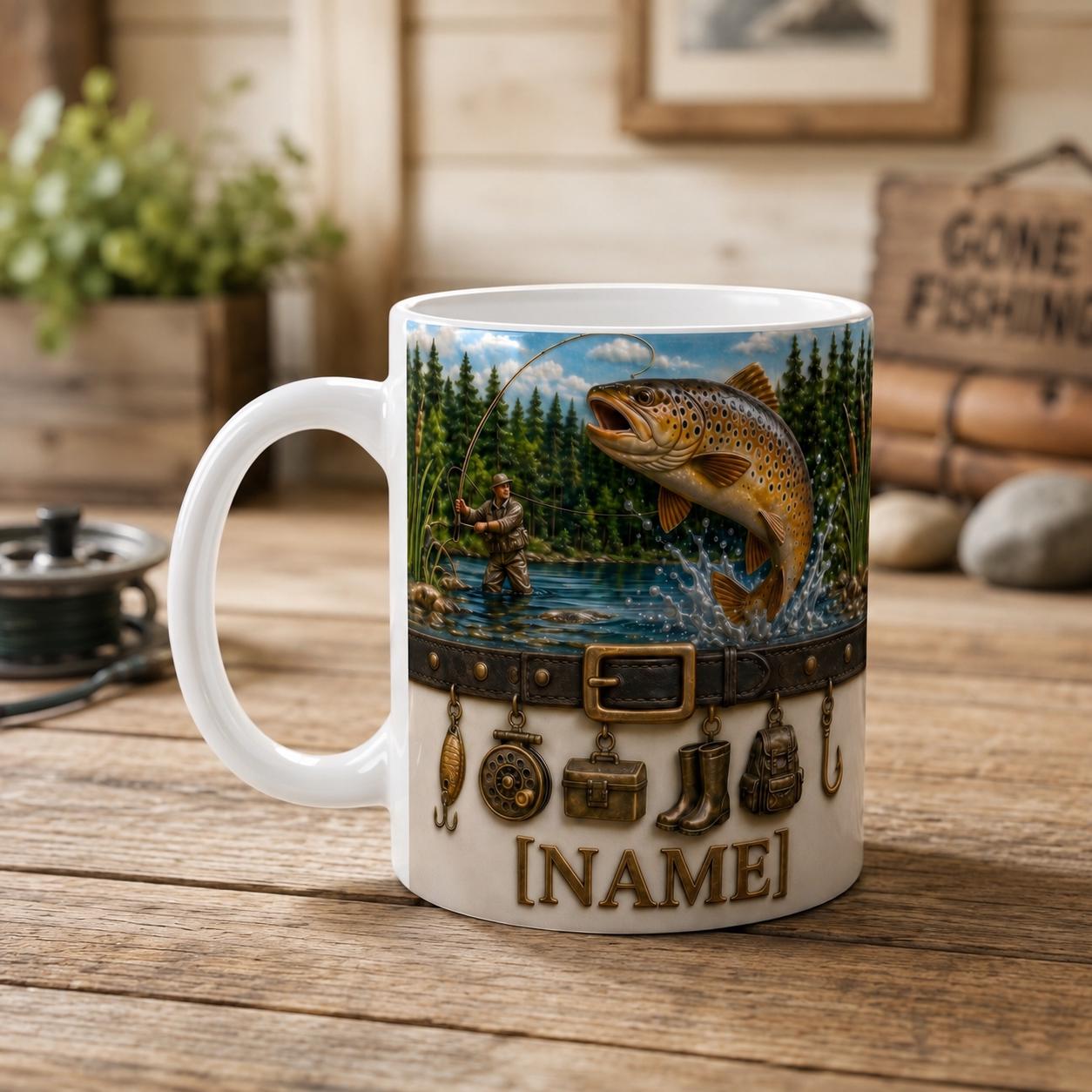 Personalized Fly Fisherman Mug, Jumping Trout River Coffee Mug, Vintage Fishing Charms Mug, Outdoor Nature Angler Mug, Fathers Day Papa Gift