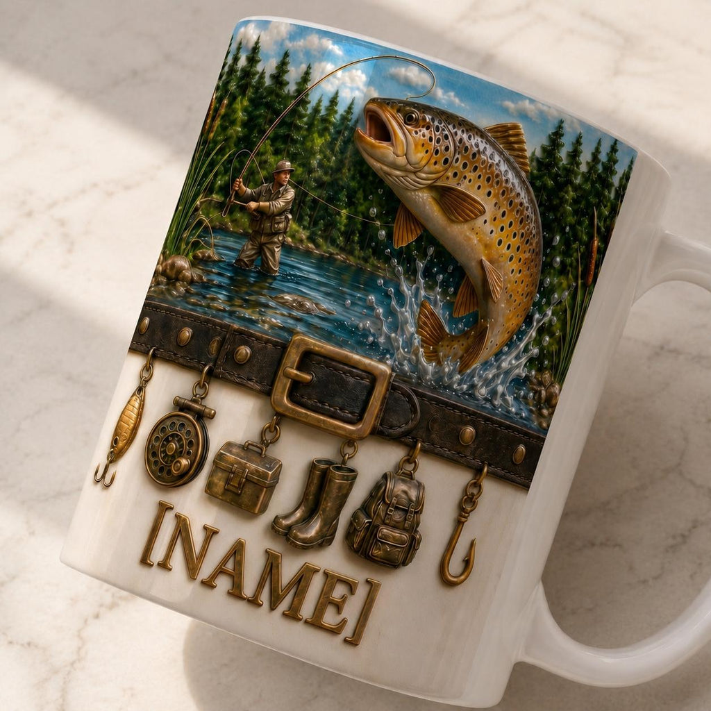 Personalized Fly Fisherman Mug, Jumping Trout River Coffee Mug, Vintage Fishing Charms Mug, Outdoor Nature Angler Mug, Fathers Day Papa Gift