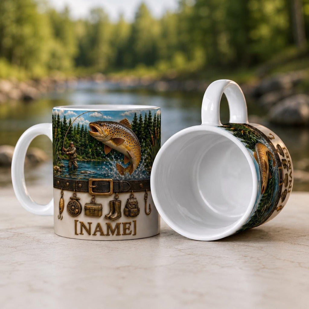 Personalized Fly Fisherman Mug, Jumping Trout River Coffee Mug, Vintage Fishing Charms Mug, Outdoor Nature Angler Mug, Fathers Day Papa Gift