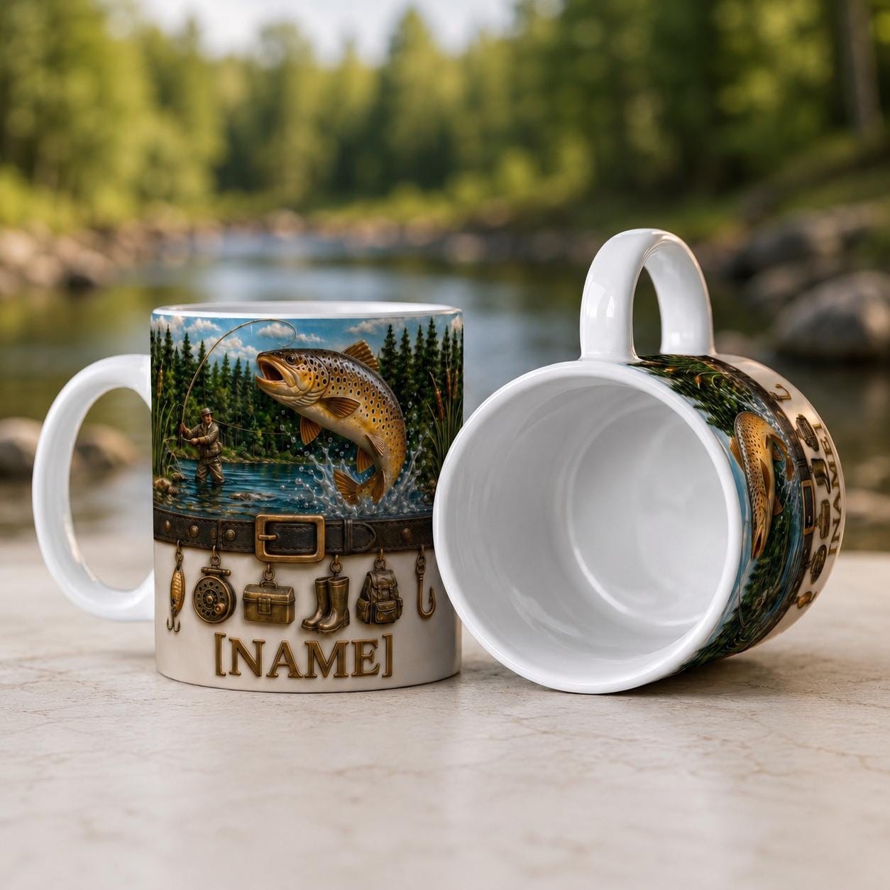 Personalized Fly Fisherman Mug, Jumping Trout River Coffee Mug, Vintage Fishing Charms Mug, Outdoor Nature Angler Mug, Fathers Day Papa Gift