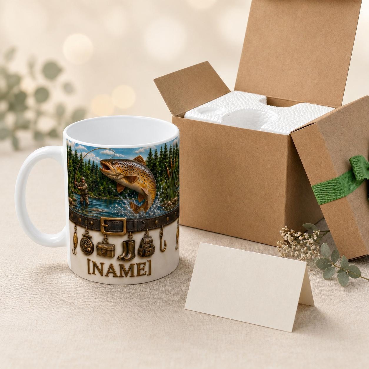Personalized Fly Fisherman Mug, Jumping Trout River Coffee Mug, Vintage Fishing Charms Mug, Outdoor Nature Angler Mug, Fathers Day Papa Gift