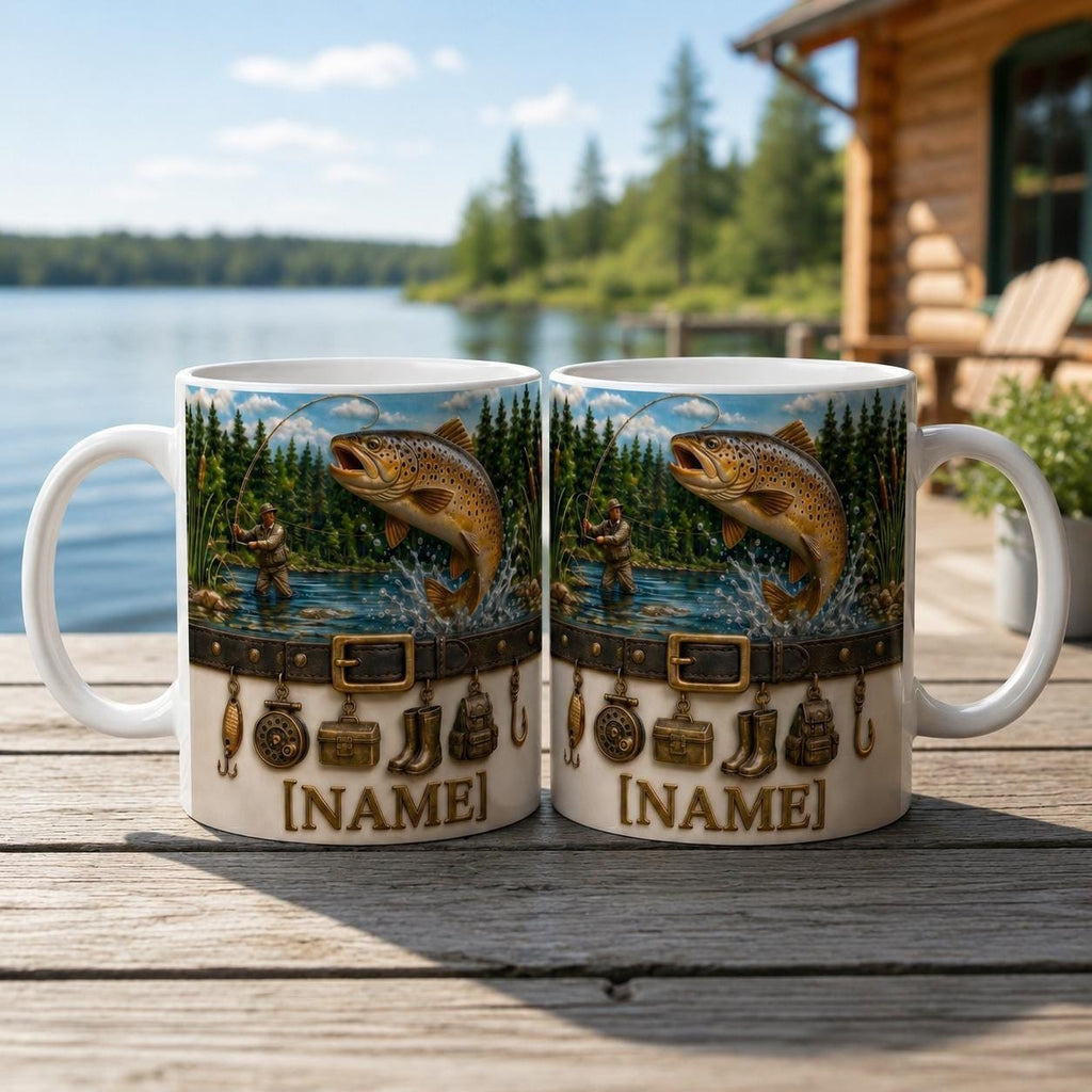 Personalized Fly Fisherman Mug, Jumping Trout River Coffee Mug, Vintage Fishing Charms Mug, Outdoor Nature Angler Mug, Fathers Day Papa Gift