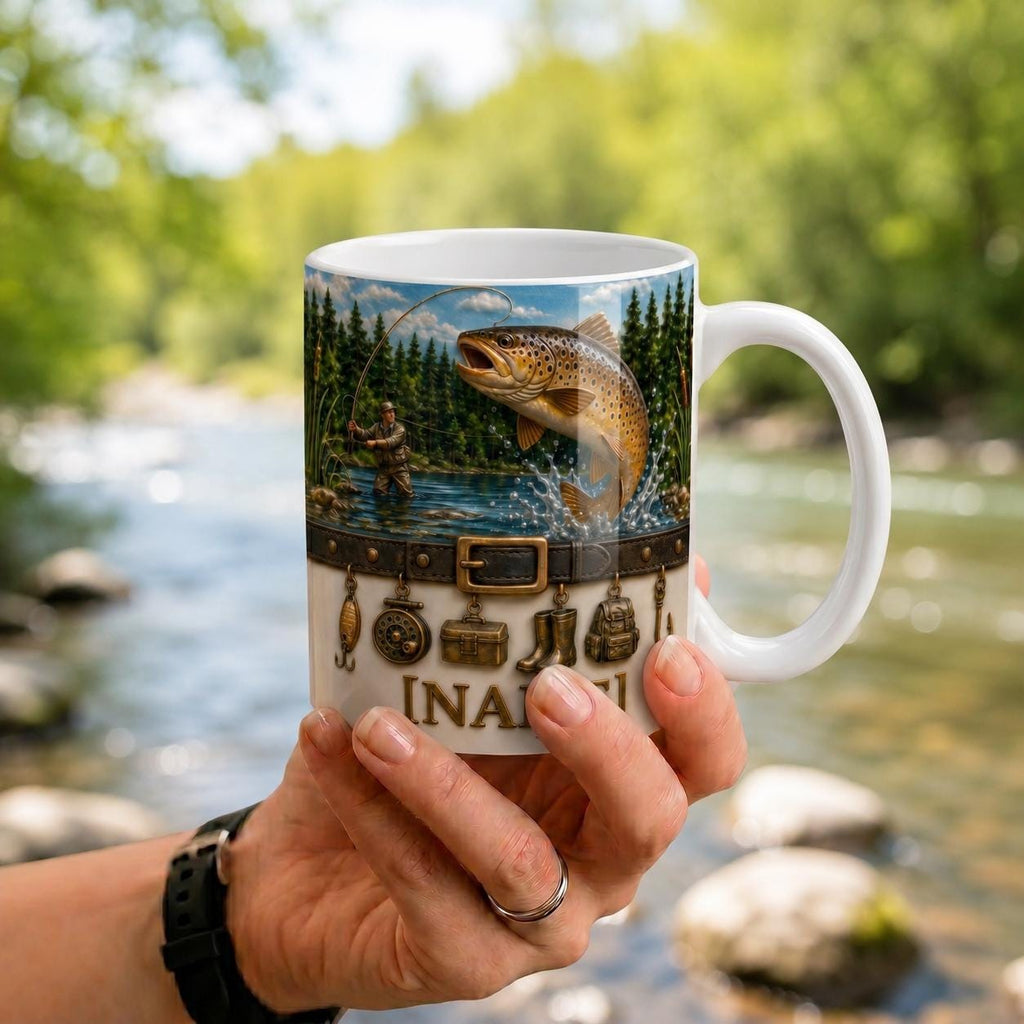 Personalized Fly Fisherman Mug, Jumping Trout River Coffee Mug, Vintage Fishing Charms Mug, Outdoor Nature Angler Mug, Fathers Day Papa Gift