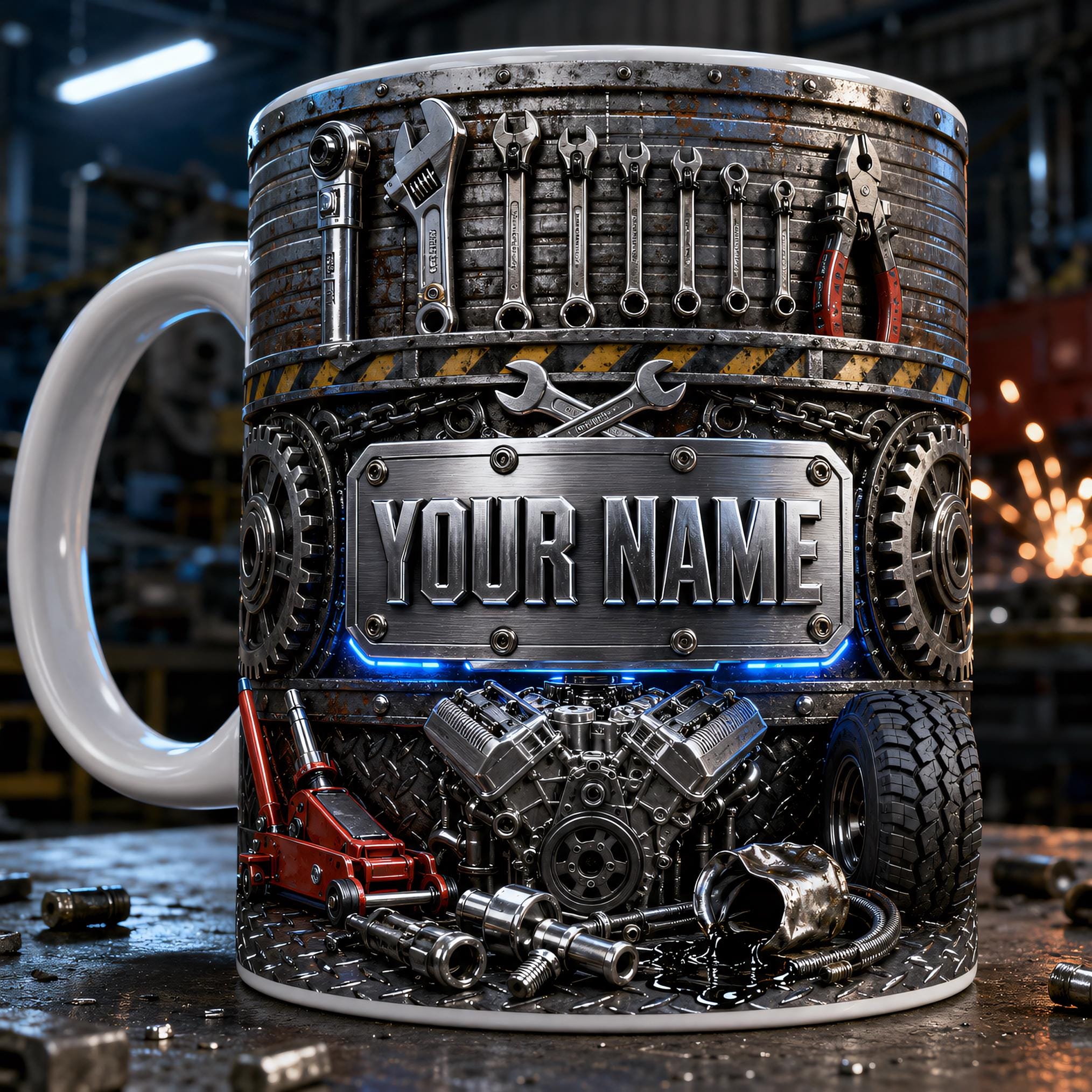 Personalized Custom V8 Engine Mug, Best Auto Mechanic Coffee Mug, 3D Garage Car Tools Mug, Gearhead Enthusiast Mug, Car Builder Dad Gift