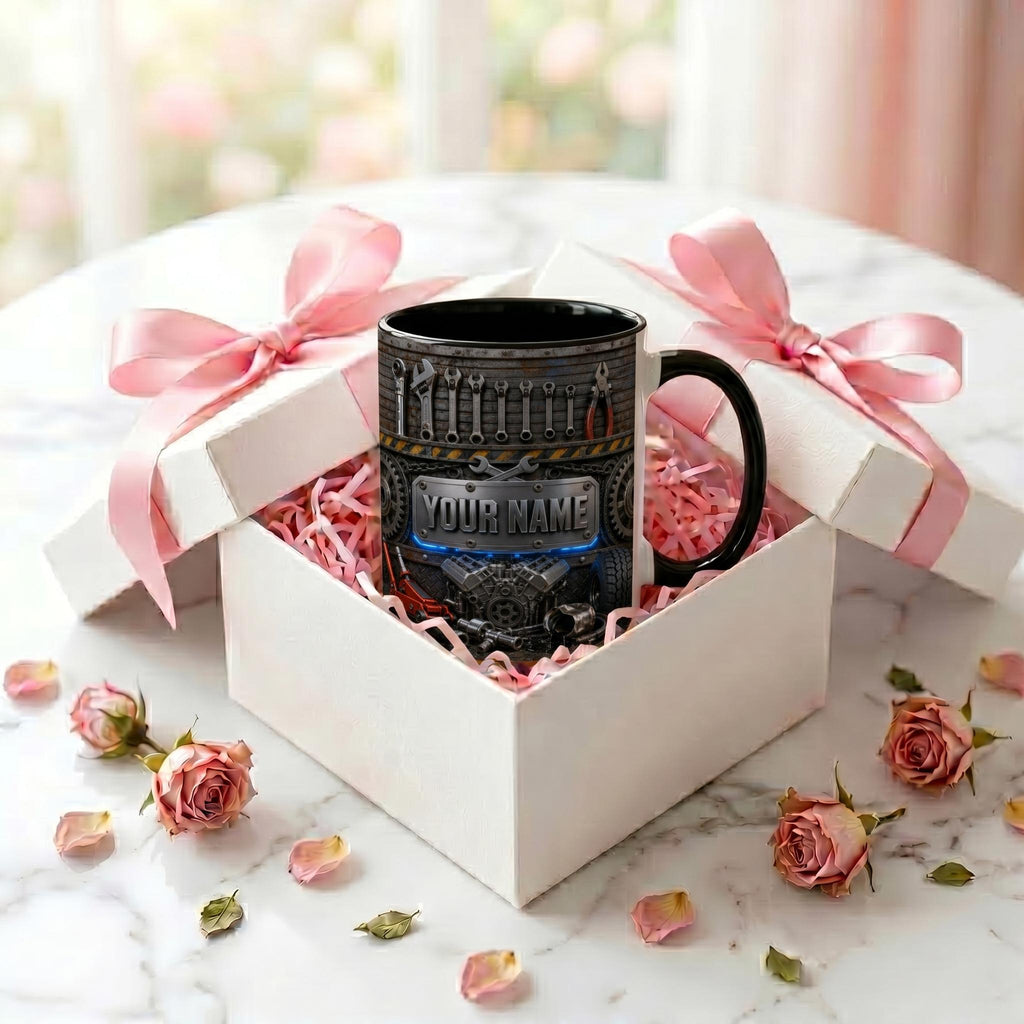 Personalized Custom V8 Engine Mug, Best Auto Mechanic Coffee Mug, 3D Garage Car Tools Mug, Gearhead Enthusiast Mug, Car Builder Dad Gift
