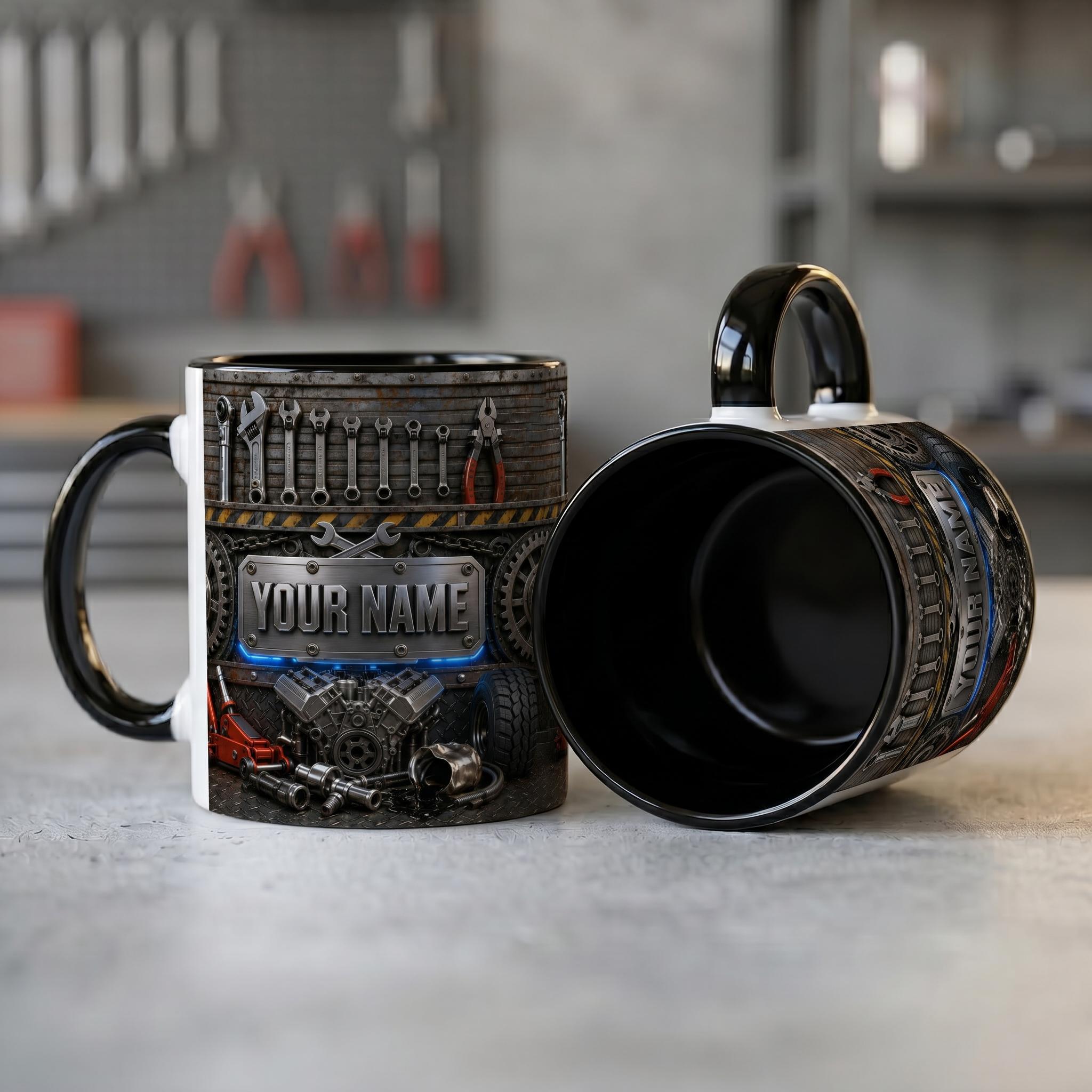 Personalized Custom V8 Engine Mug, Best Auto Mechanic Coffee Mug, 3D Garage Car Tools Mug, Gearhead Enthusiast Mug, Car Builder Dad Gift