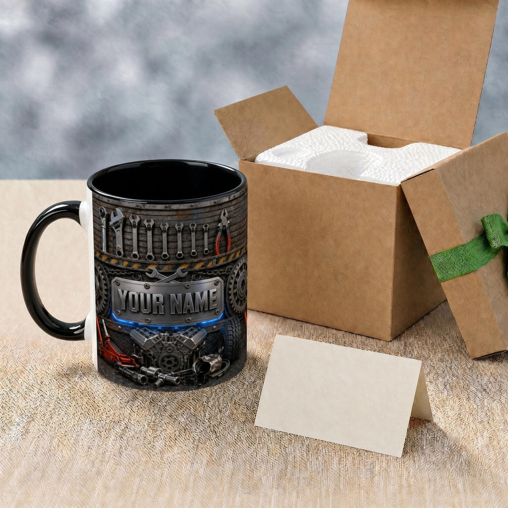 Personalized Custom V8 Engine Mug, Best Auto Mechanic Coffee Mug, 3D Garage Car Tools Mug, Gearhead Enthusiast Mug, Car Builder Dad Gift