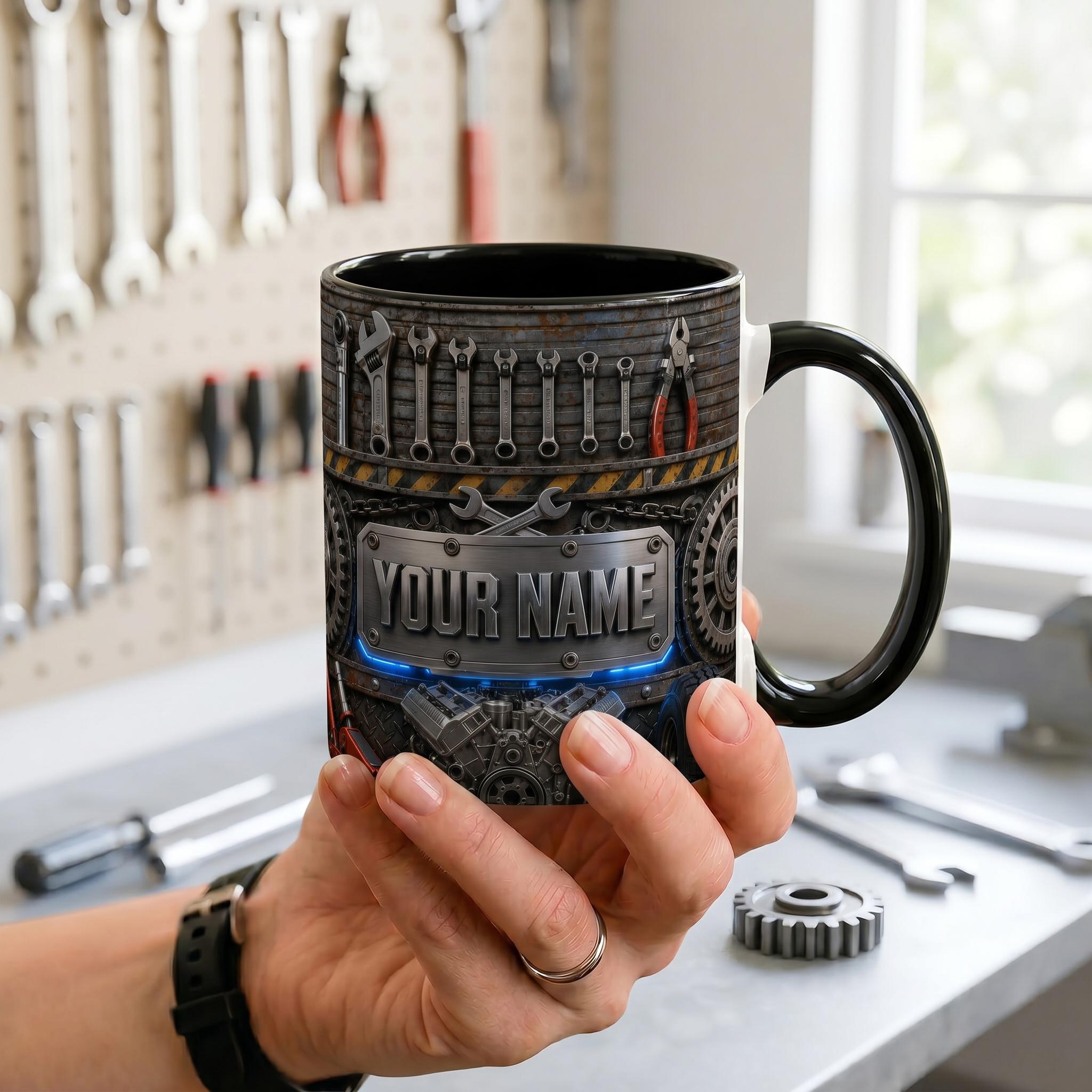 Personalized Custom V8 Engine Mug, Best Auto Mechanic Coffee Mug, 3D Garage Car Tools Mug, Gearhead Enthusiast Mug, Car Builder Dad Gift