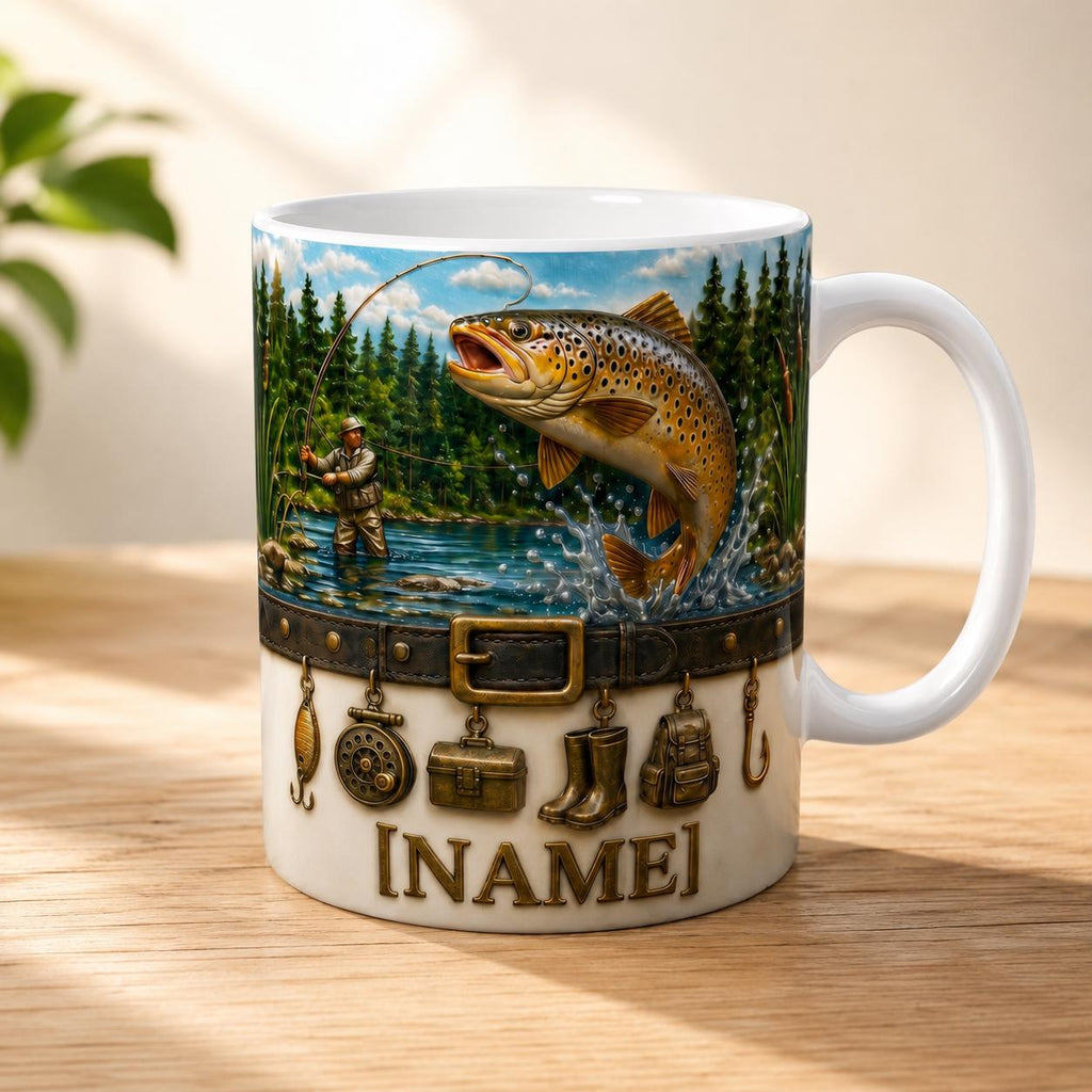 Personalized Fly Fisherman Mug, Jumping Trout River Coffee Mug, Vintage Fishing Charms Mug, Outdoor Nature Angler Mug, Fathers Day Papa Gift