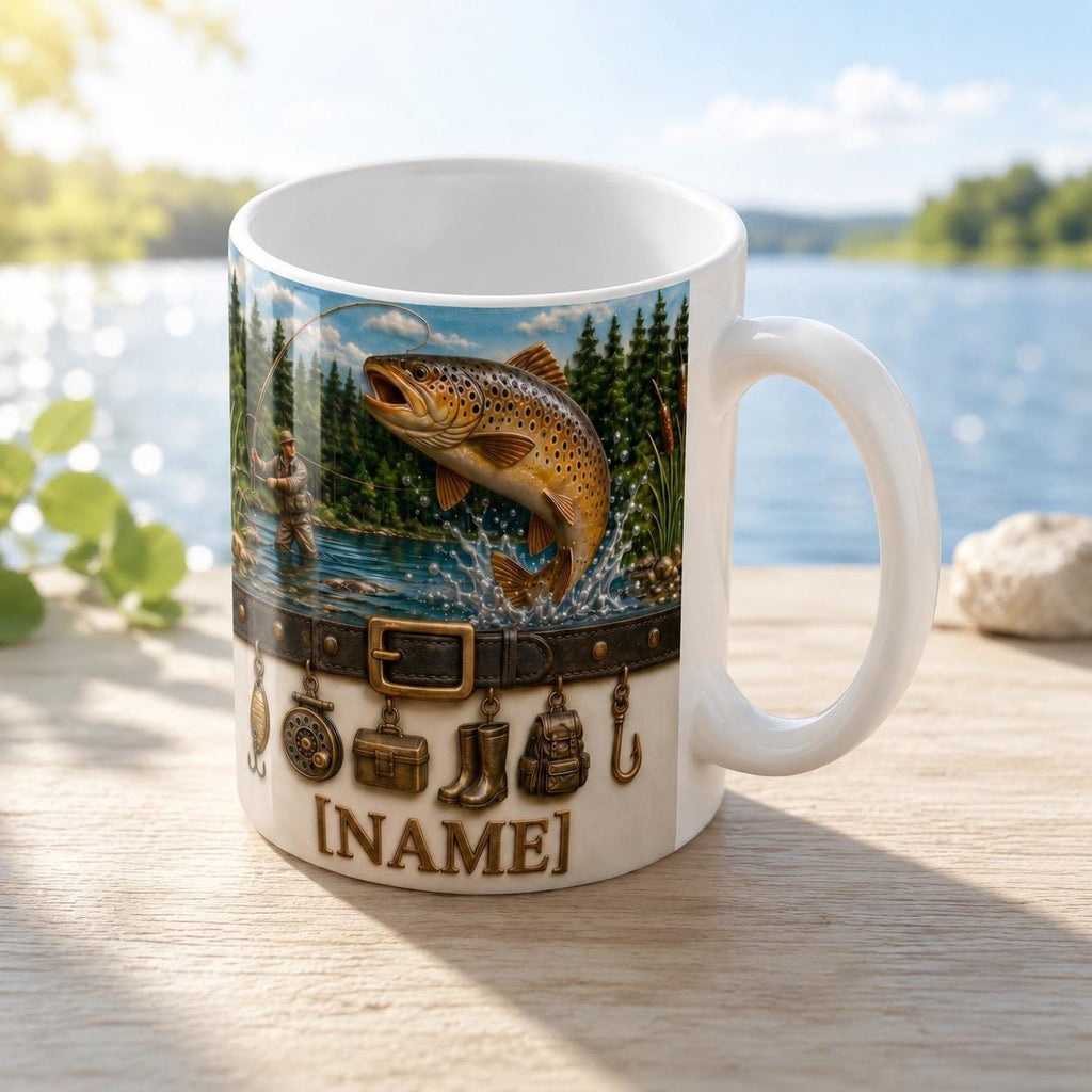Personalized Fly Fisherman Mug, Jumping Trout River Coffee Mug, Vintage Fishing Charms Mug, Outdoor Nature Angler Mug, Fathers Day Papa Gift