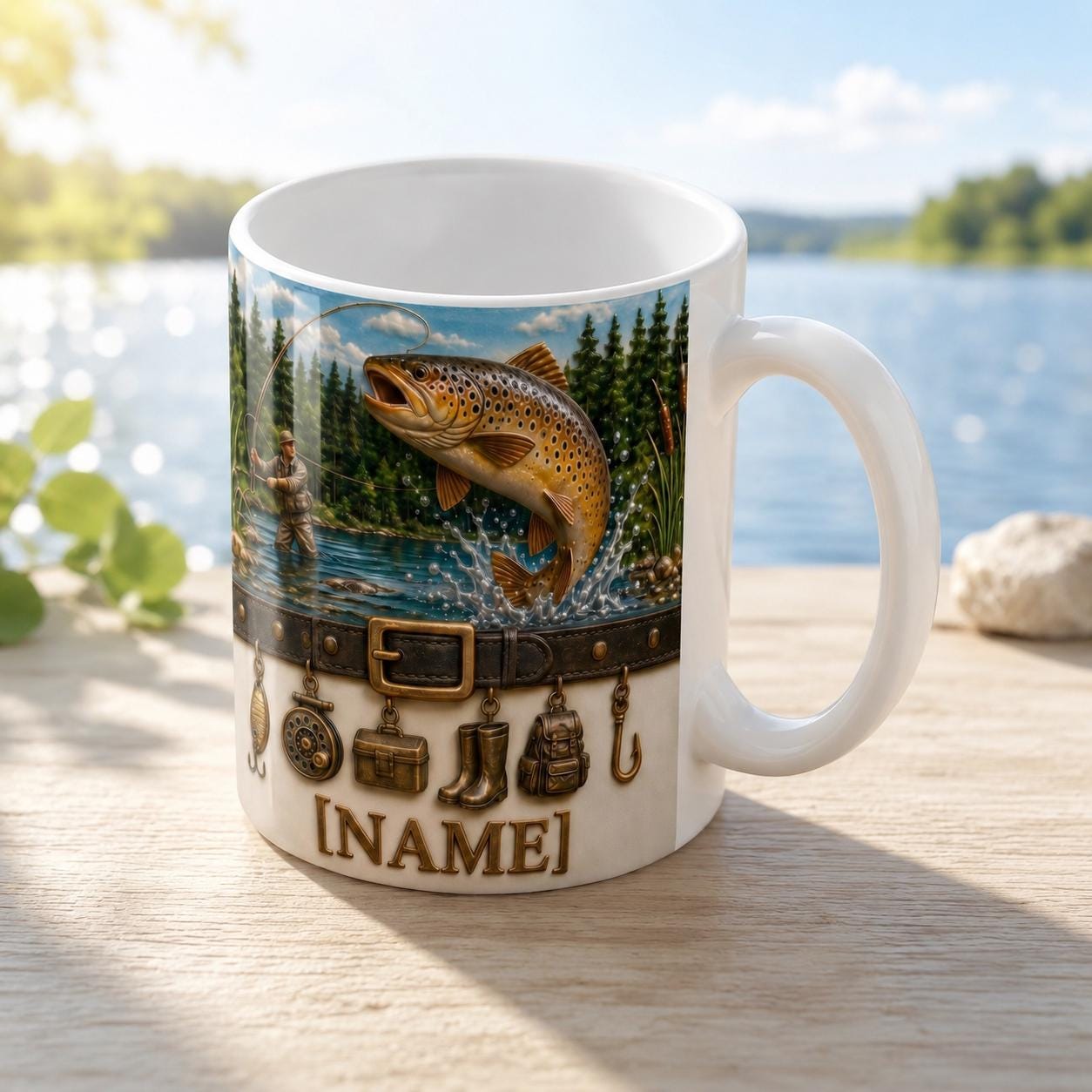 Personalized Fly Fisherman Mug, Jumping Trout River Coffee Mug, Vintage Fishing Charms Mug, Outdoor Nature Angler Mug, Fathers Day Papa Gift