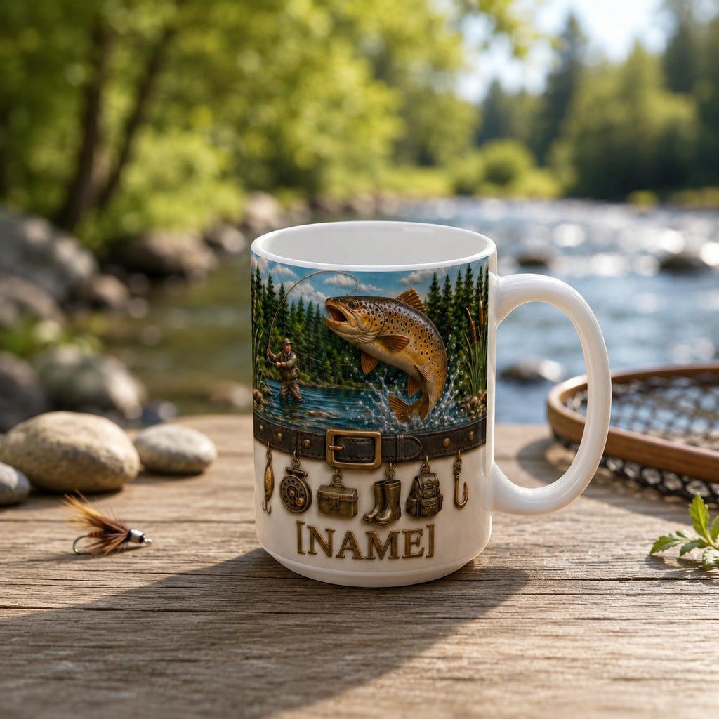 Personalized Fly Fisherman Mug, Jumping Trout River Coffee Mug, Vintage Fishing Charms Mug, Outdoor Nature Angler Mug, Fathers Day Papa Gift