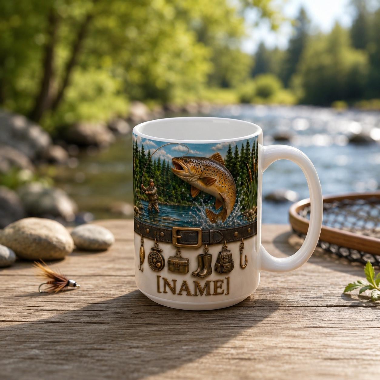 Personalized Fly Fisherman Mug, Jumping Trout River Coffee Mug, Vintage Fishing Charms Mug, Outdoor Nature Angler Mug, Fathers Day Papa Gift