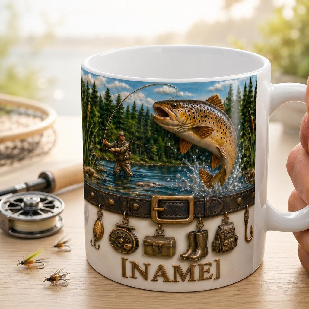 Personalized Fly Fisherman Mug, Jumping Trout River Coffee Mug, Vintage Fishing Charms Mug, Outdoor Nature Angler Mug, Fathers Day Papa Gift