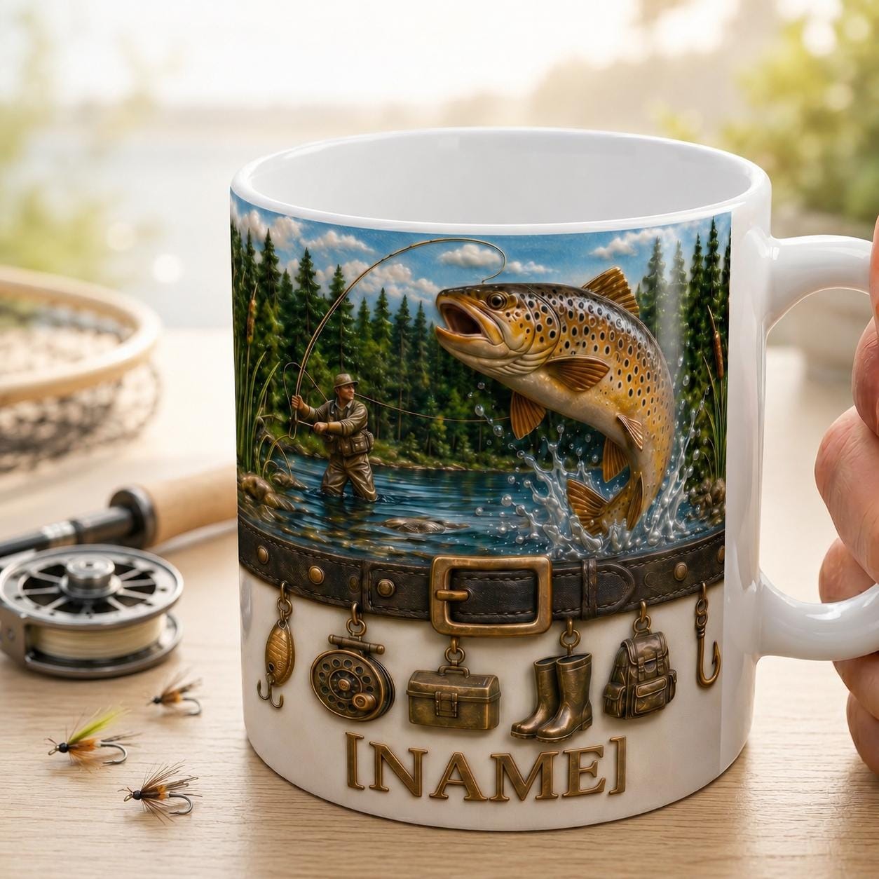 Personalized Fly Fisherman Mug, Jumping Trout River Coffee Mug, Vintage Fishing Charms Mug, Outdoor Nature Angler Mug, Fathers Day Papa Gift