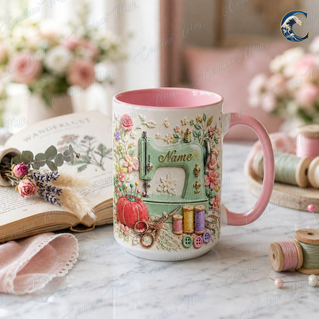 Custom Name Floral Sewing Mug, Vintage Sewing Machine Coffee Mug, Seamstress Gift Mug, 3D Embossed Sewing Lover Mug, Quilting Hobby Gift