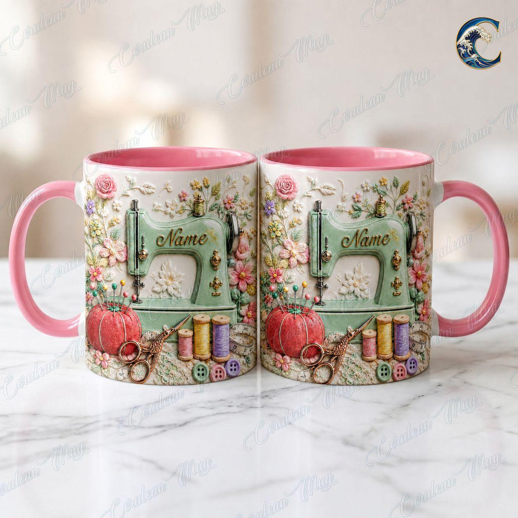 Custom Name Floral Sewing Mug, Vintage Sewing Machine Coffee Mug, Seamstress Gift Mug, 3D Embossed Sewing Lover Mug, Quilting Hobby Gift