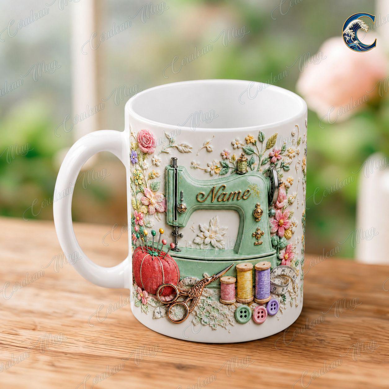 Custom Name Floral Sewing Mug, Vintage Sewing Machine Coffee Mug, Seamstress Gift Mug, 3D Embossed Sewing Lover Mug, Quilting Hobby Gift