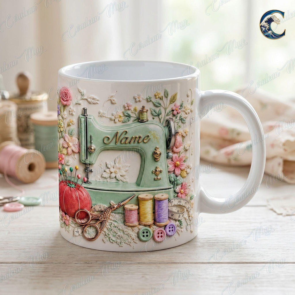 Custom Name Floral Sewing Mug, Vintage Sewing Machine Coffee Mug, Seamstress Gift Mug, 3D Embossed Sewing Lover Mug, Quilting Hobby Gift