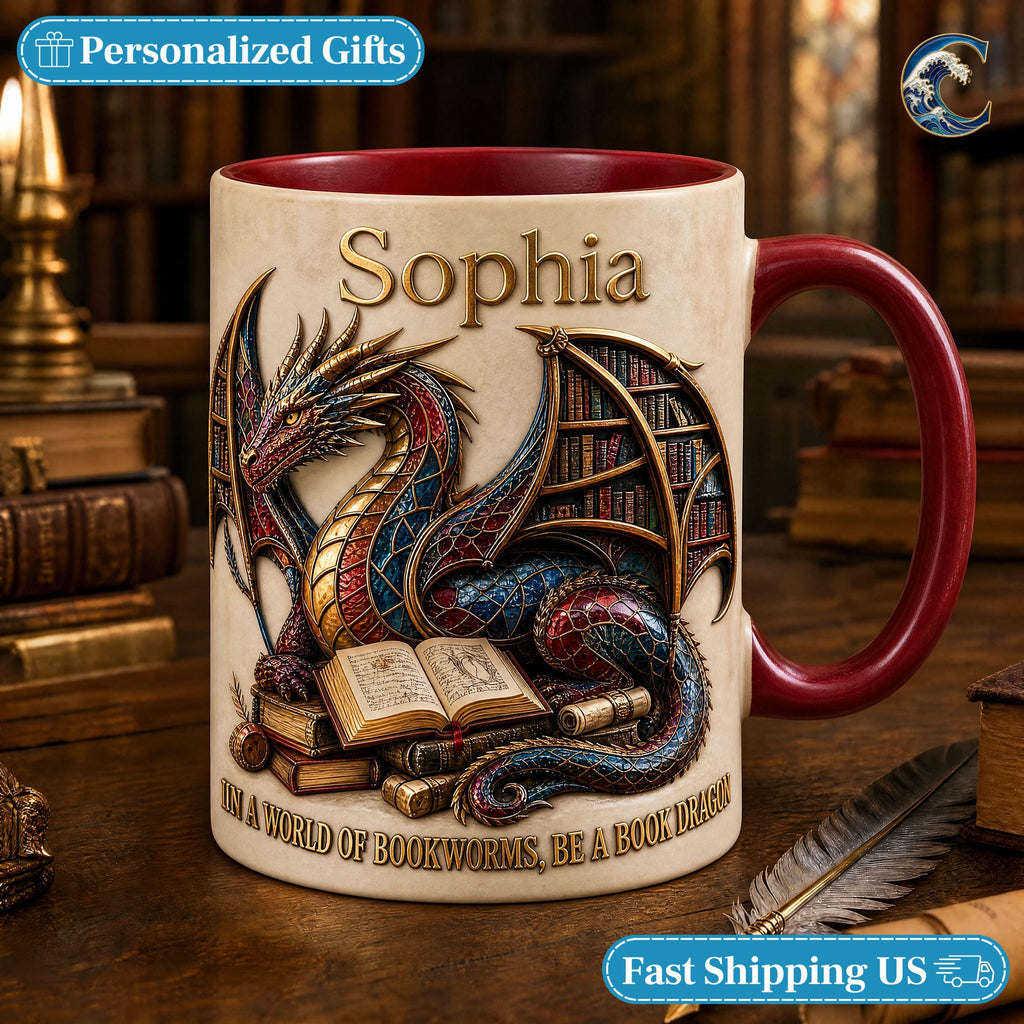 Custom Name Book Dragon Mug, Be A Book Dragon Coffee Mug, Fantasy Dragon Bookworm Mug, Dragon Book Lover Gift Mug, Reading Fantasy Gift