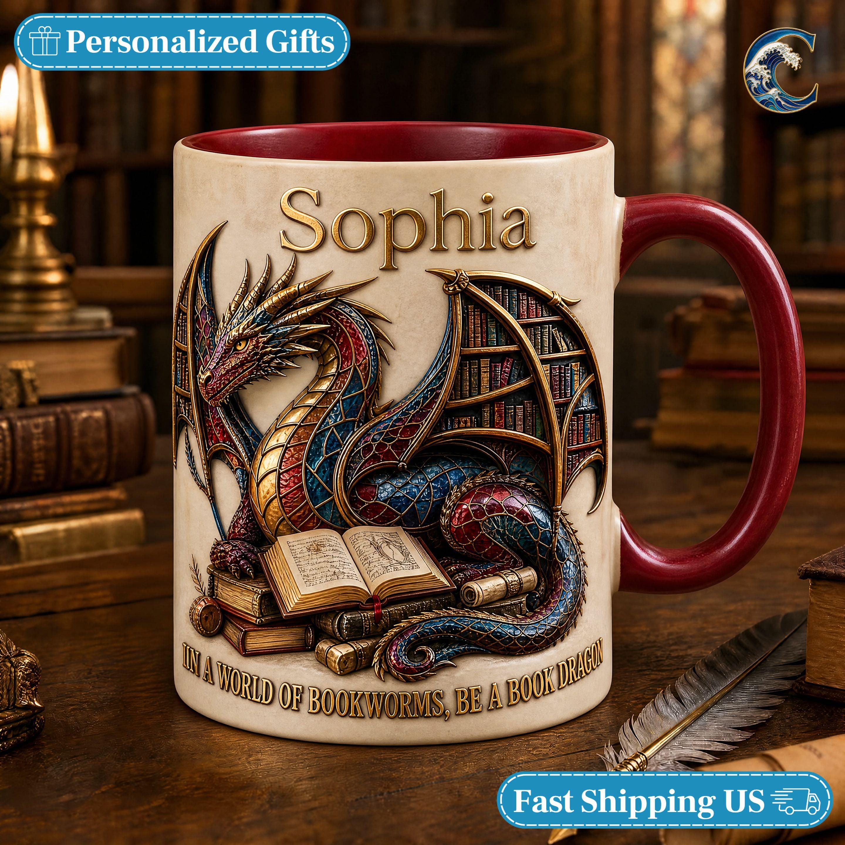 Custom Name Book Dragon Mug, Be A Book Dragon Coffee Mug, Fantasy Dragon Bookworm Mug, Dragon Book Lover Gift Mug, Reading Fantasy Gift