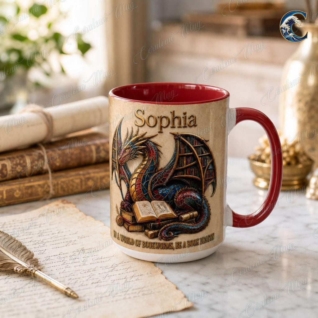 Custom Name Book Dragon Mug, Be A Book Dragon Coffee Mug, Fantasy Dragon Bookworm Mug, Dragon Book Lover Gift Mug, Reading Fantasy Gift