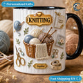 Custom Name Knitting Pattern Mug, Yarn Basket Knitter Coffee Mug, Boho Knitting Lover Gift Mug, Knitting Needle Name Mug, Hobby Gift