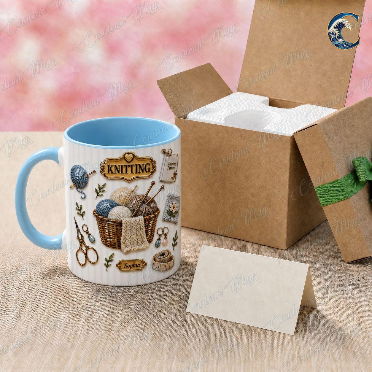 Custom Name Knitting Pattern Mug, Yarn Basket Knitter Coffee Mug, Boho Knitting Lover Gift Mug, Knitting Needle Name Mug, Hobby Gift