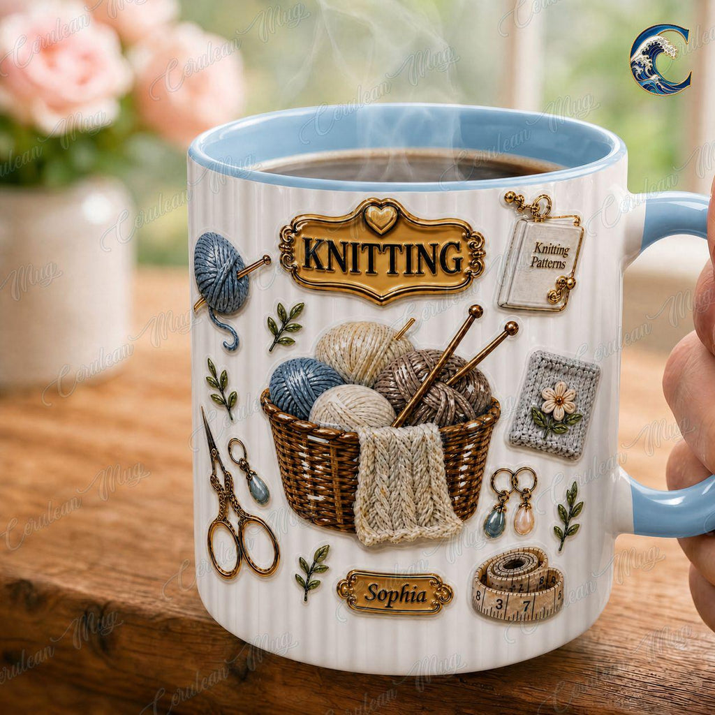 Custom Name Knitting Pattern Mug, Yarn Basket Knitter Coffee Mug, Boho Knitting Lover Gift Mug, Knitting Needle Name Mug, Hobby Gift