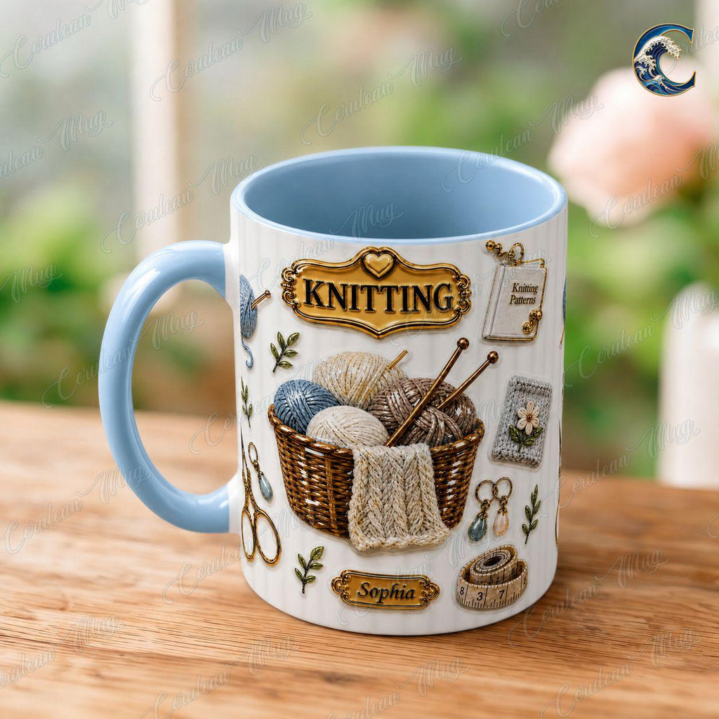 Custom Name Knitting Pattern Mug, Yarn Basket Knitter Coffee Mug, Boho Knitting Lover Gift Mug, Knitting Needle Name Mug, Hobby Gift