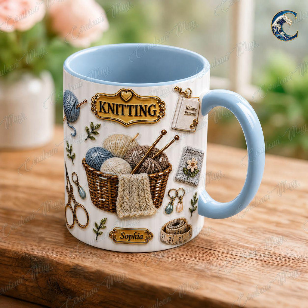 Custom Name Knitting Pattern Mug, Yarn Basket Knitter Coffee Mug, Boho Knitting Lover Gift Mug, Knitting Needle Name Mug, Hobby Gift