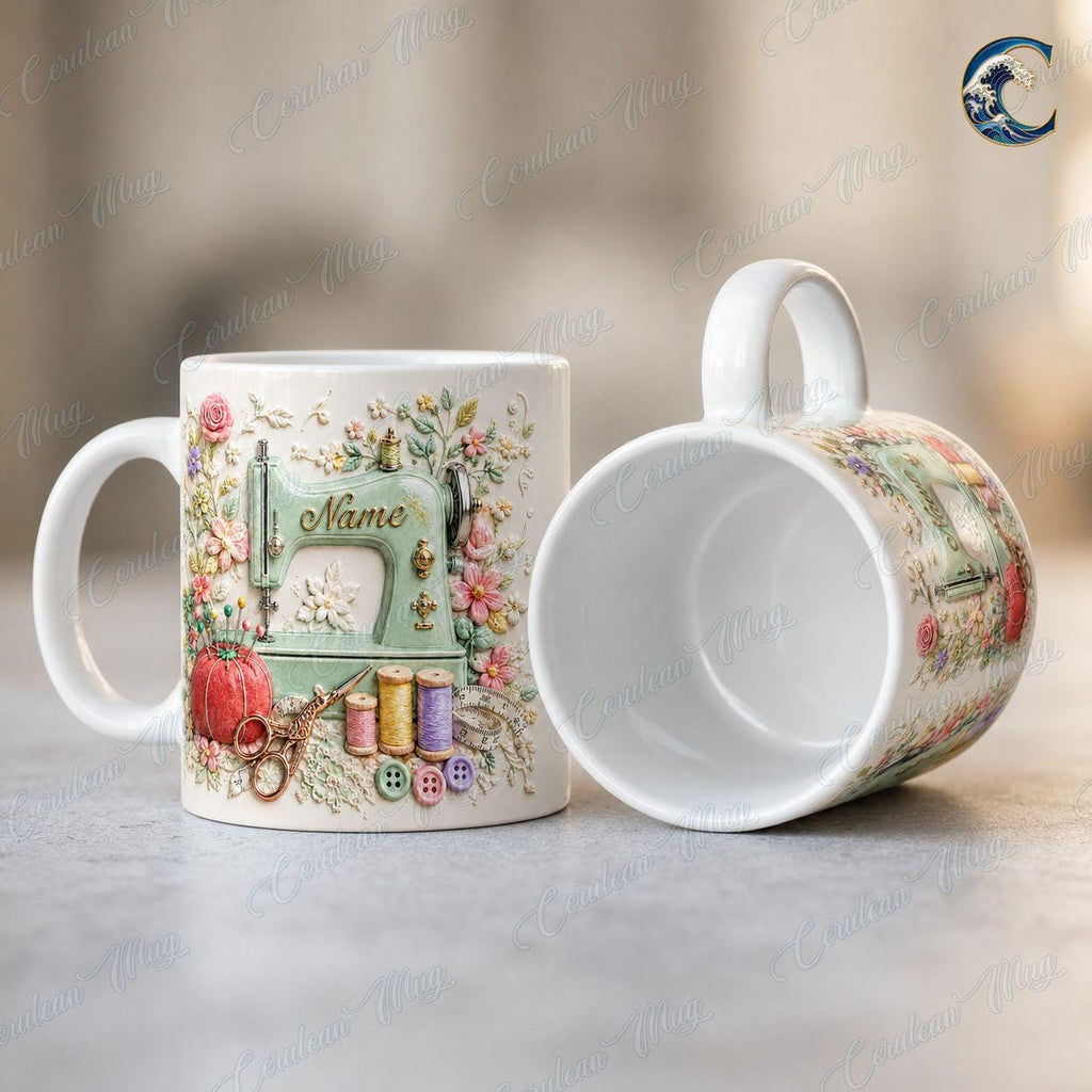 Custom Name Floral Sewing Mug, Vintage Sewing Machine Coffee Mug, Seamstress Gift Mug, 3D Embossed Sewing Lover Mug, Quilting Hobby Gift