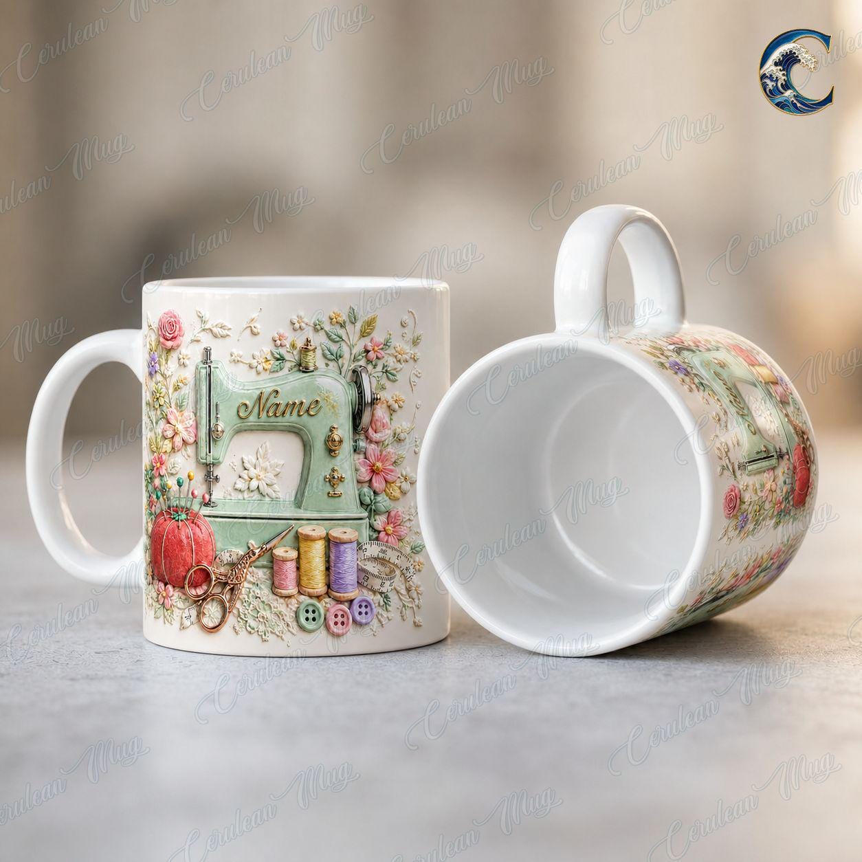 Custom Name Floral Sewing Mug, Vintage Sewing Machine Coffee Mug, Seamstress Gift Mug, 3D Embossed Sewing Lover Mug, Quilting Hobby Gift