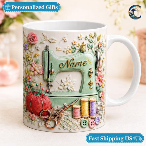 Custom Name Floral Sewing Mug, Vintage Sewing Machine Coffee Mug, Seamstress Gift Mug, 3D Embossed Sewing Lover Mug, Quilting Hobby Gift