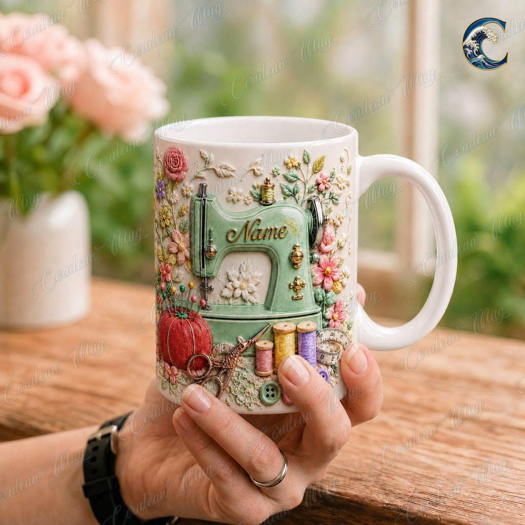 Custom Name Floral Sewing Mug, Vintage Sewing Machine Coffee Mug, Seamstress Gift Mug, 3D Embossed Sewing Lover Mug, Quilting Hobby Gift