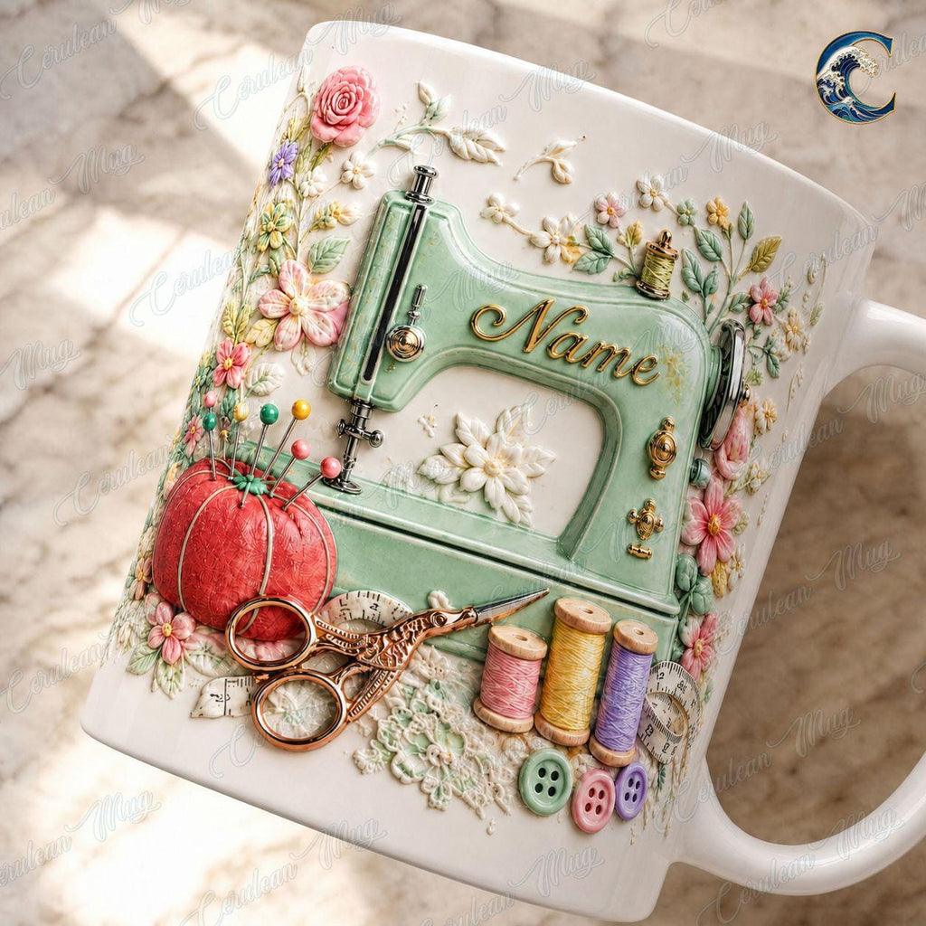 Custom Name Floral Sewing Mug, Vintage Sewing Machine Coffee Mug, Seamstress Gift Mug, 3D Embossed Sewing Lover Mug, Quilting Hobby Gift