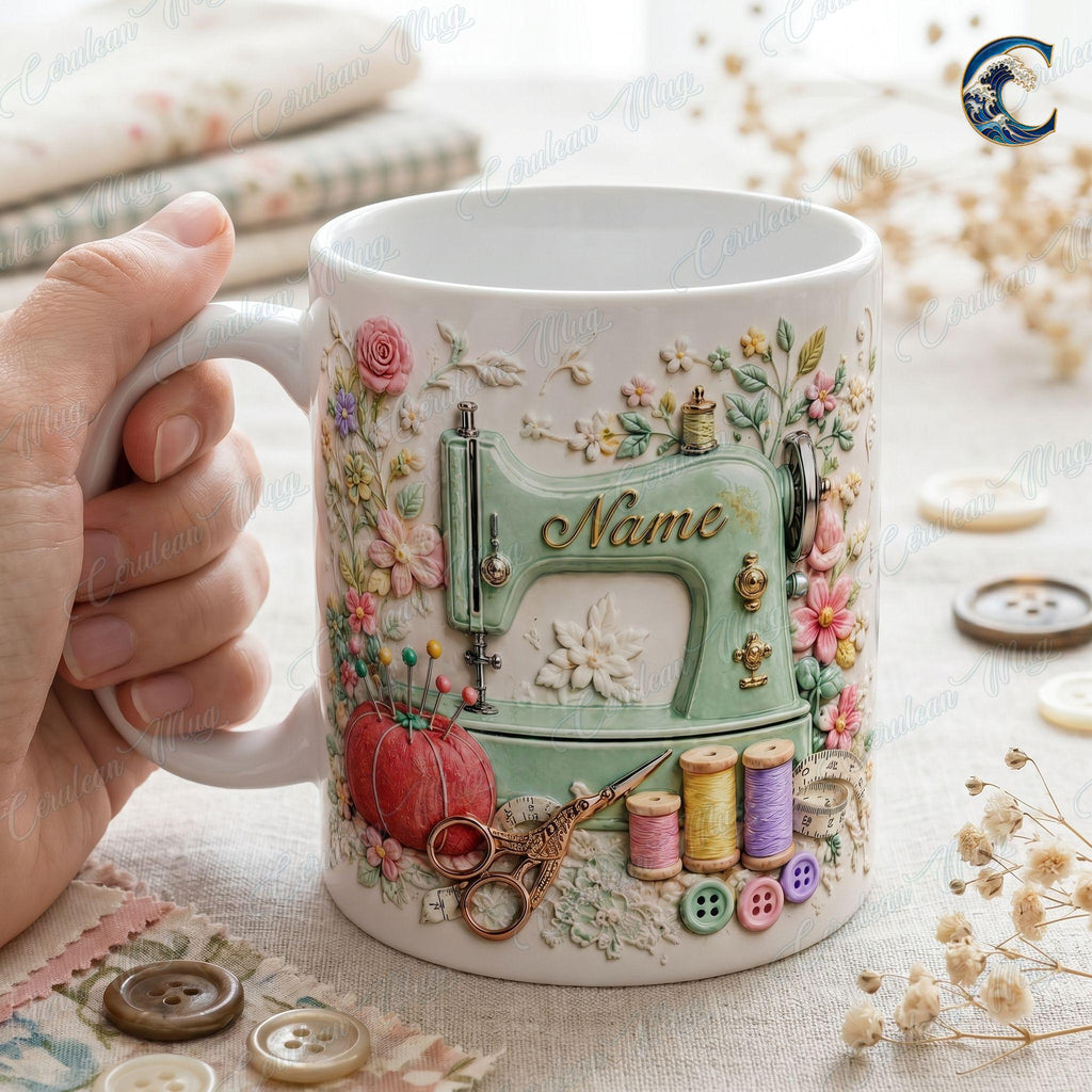 Custom Name Floral Sewing Mug, Vintage Sewing Machine Coffee Mug, Seamstress Gift Mug, 3D Embossed Sewing Lover Mug, Quilting Hobby Gift