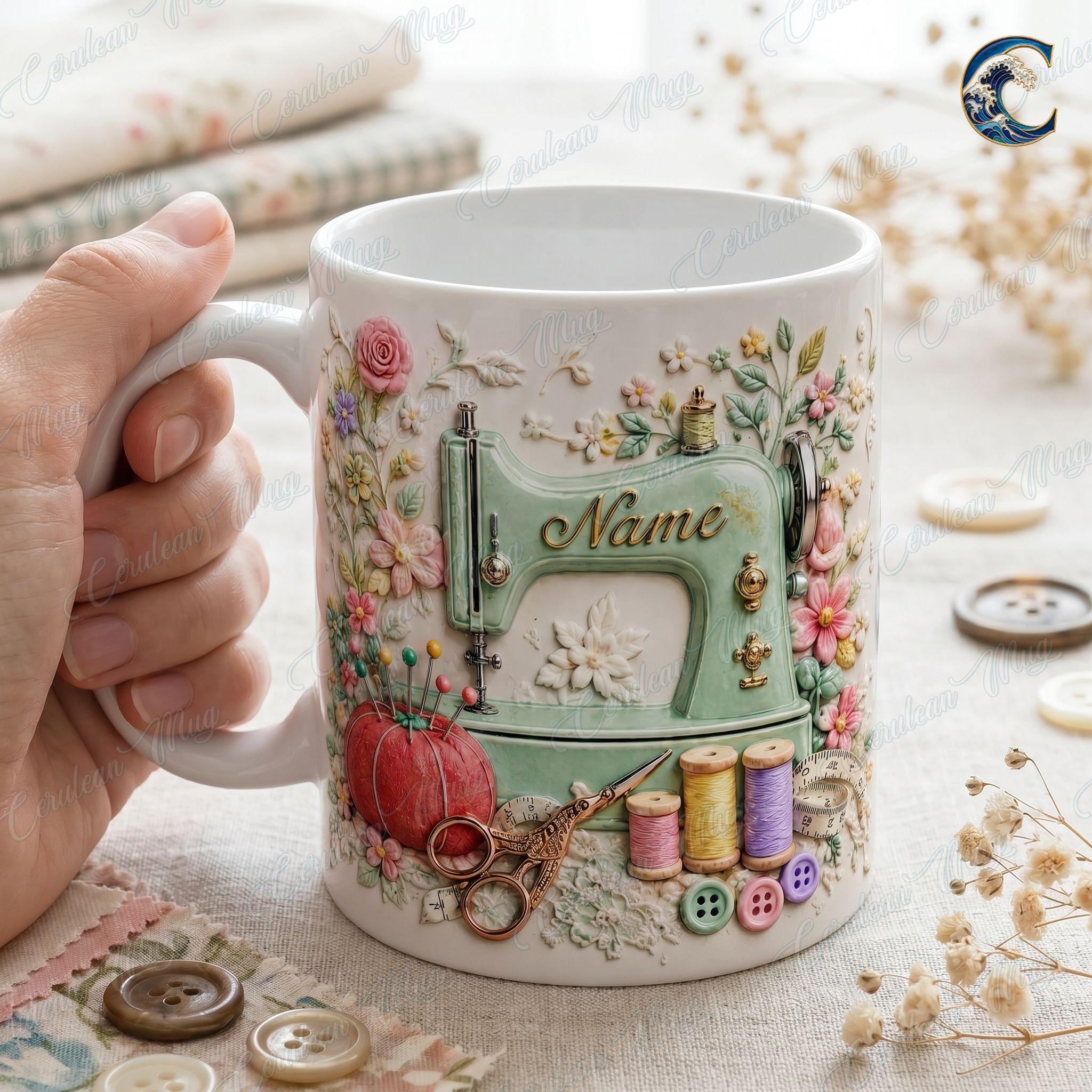 Custom Name Floral Sewing Mug, Vintage Sewing Machine Coffee Mug, Seamstress Gift Mug, 3D Embossed Sewing Lover Mug, Quilting Hobby Gift
