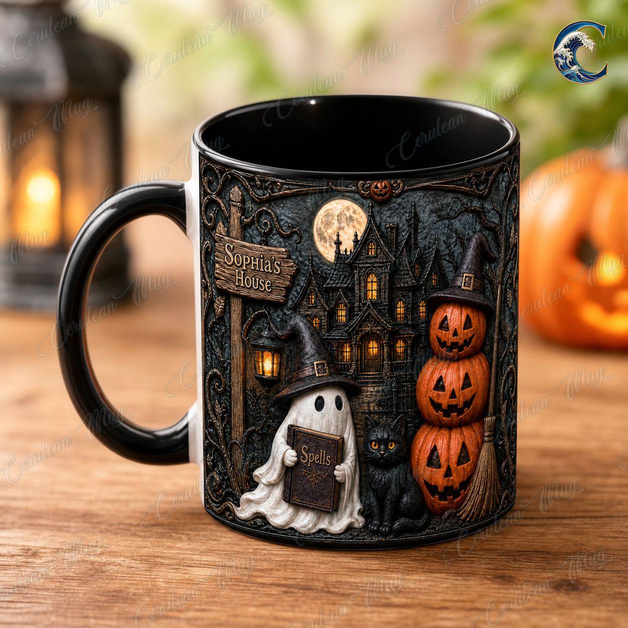 Personalized Haunted House Name Mug, Spell Book Ghost Coffee Mug, Black Cat Witch Hat Mug, Stacked Pumpkin Mug, Halloween Gift