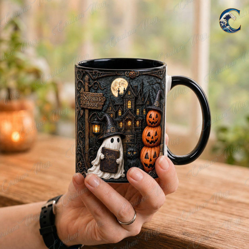 Personalized Haunted House Name Mug, Spell Book Ghost Coffee Mug, Black Cat Witch Hat Mug, Stacked Pumpkin Mug, Halloween Gift