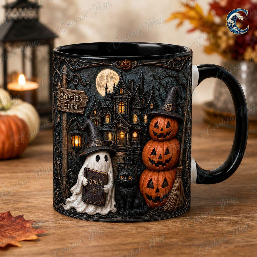 Personalized Haunted House Name Mug, Spell Book Ghost Coffee Mug, Black Cat Witch Hat Mug, Stacked Pumpkin Mug, Halloween Gift