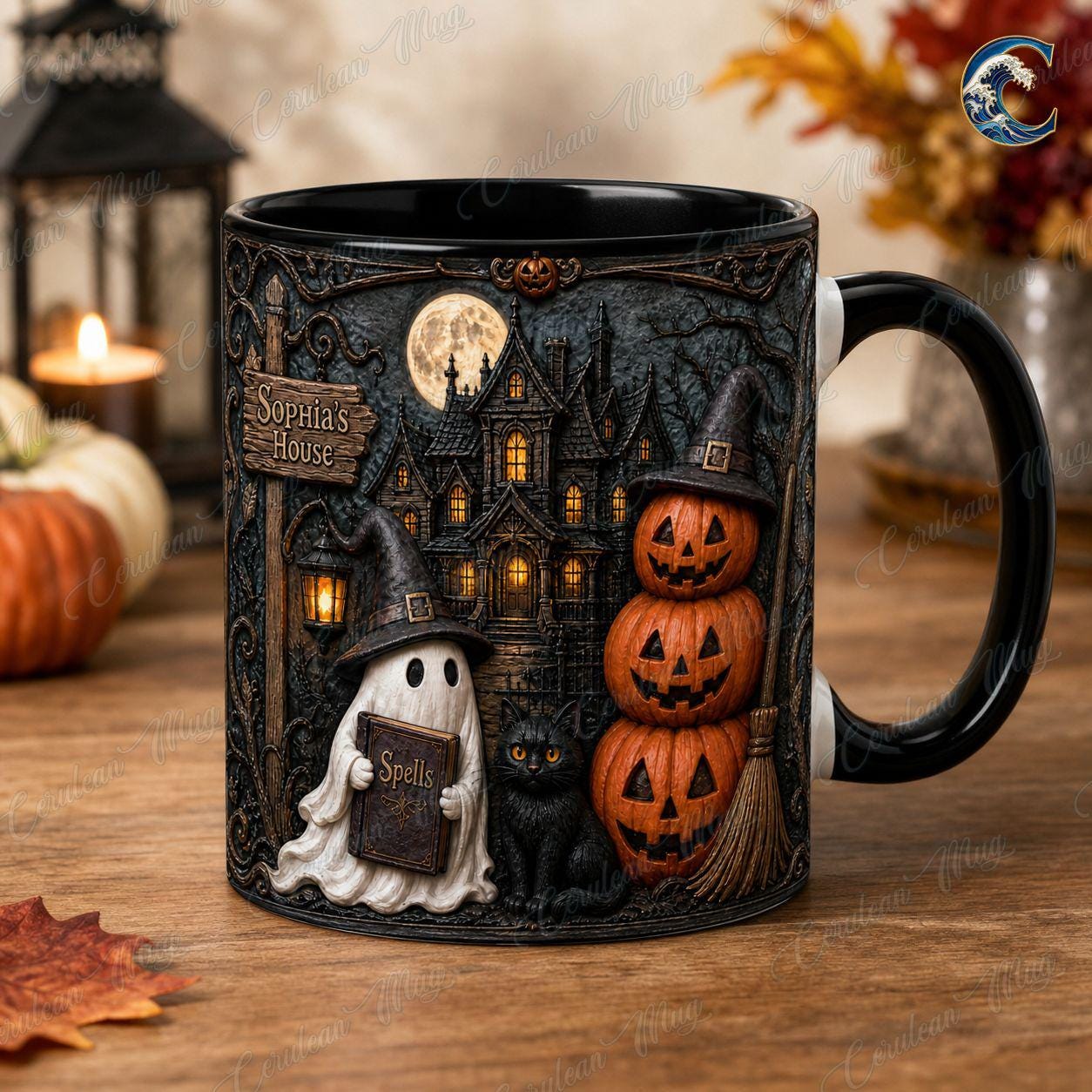 Personalized Haunted House Name Mug, Spell Book Ghost Coffee Mug, Black Cat Witch Hat Mug, Stacked Pumpkin Mug, Halloween Gift