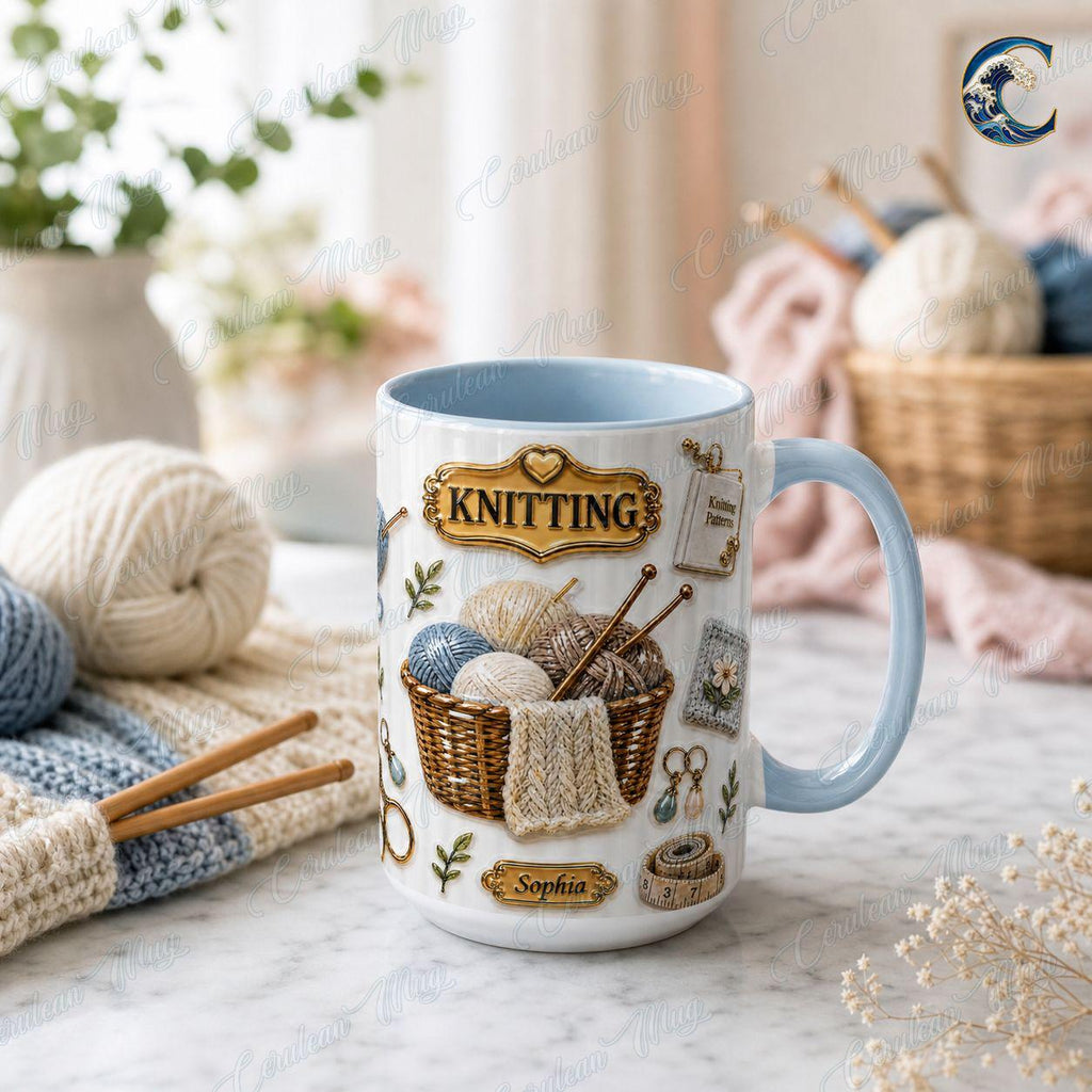 Custom Name Knitting Pattern Mug, Yarn Basket Knitter Coffee Mug, Boho Knitting Lover Gift Mug, Knitting Needle Name Mug, Hobby Gift