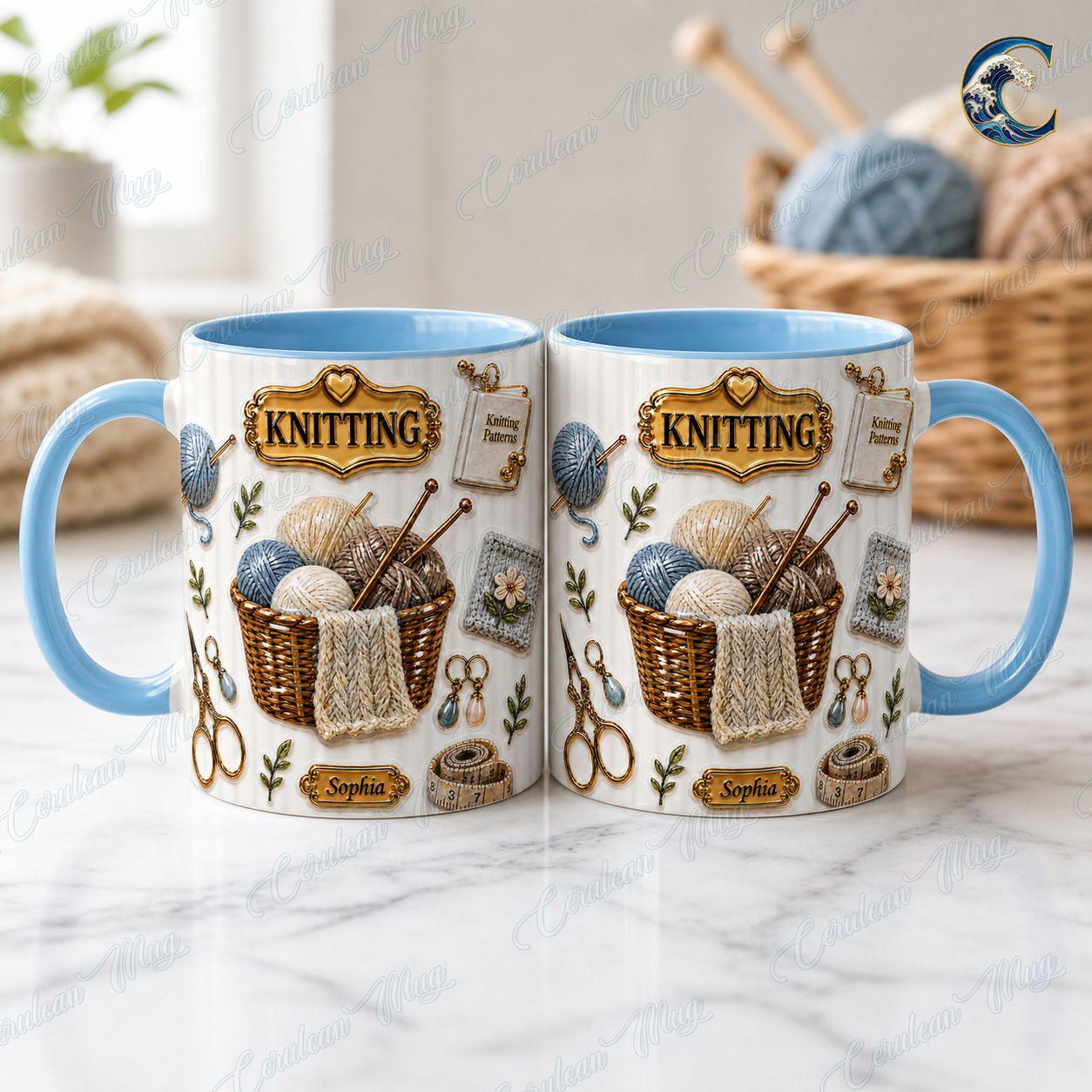 Custom Name Knitting Pattern Mug, Yarn Basket Knitter Coffee Mug, Boho Knitting Lover Gift Mug, Knitting Needle Name Mug, Hobby Gift