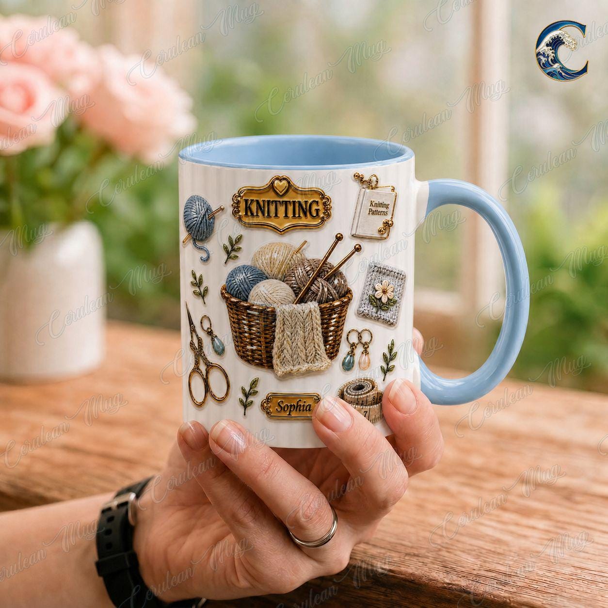Custom Name Knitting Pattern Mug, Yarn Basket Knitter Coffee Mug, Boho Knitting Lover Gift Mug, Knitting Needle Name Mug, Hobby Gift